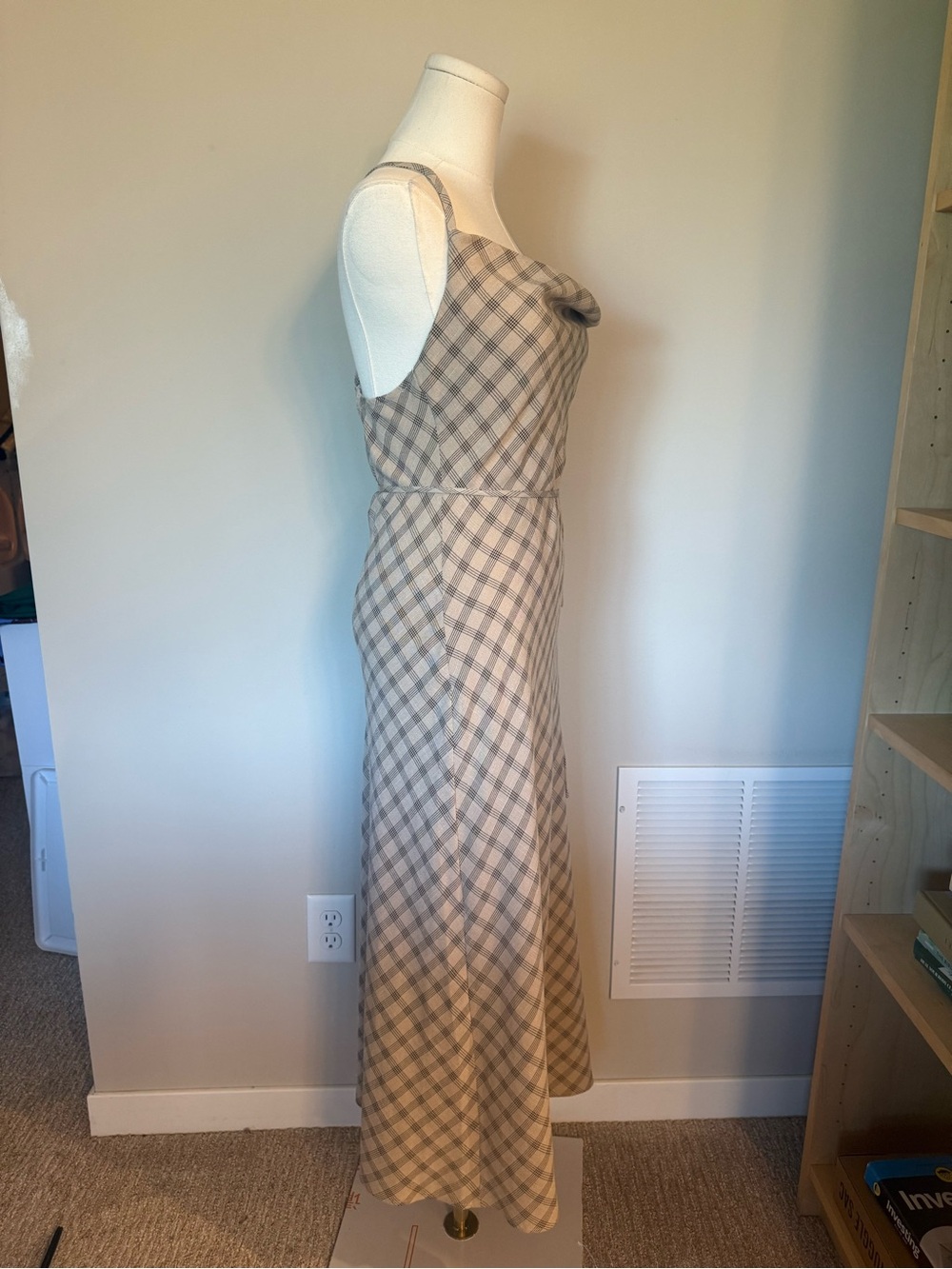 Lulus Chic City Beige Plaid Cowl Neck Midi Slip Dress Medium - Picture 7 of 13